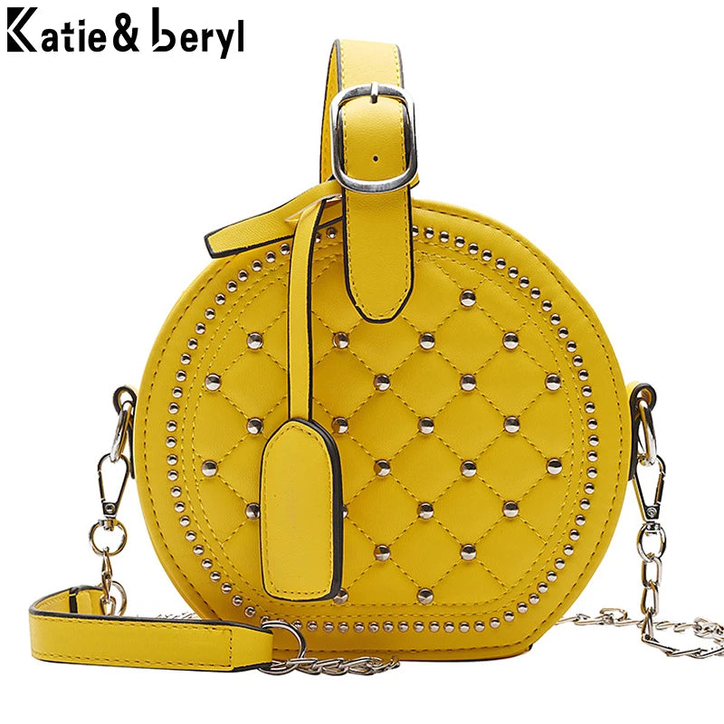 Round Handbag Rivet Messenger Crossbody Bag Female Shoulder Bag PU Leather