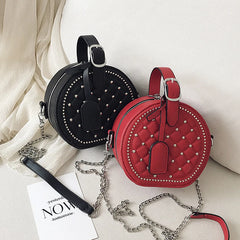 Round Handbag Rivet Messenger Crossbody Bag Female Shoulder Bag PU Leather