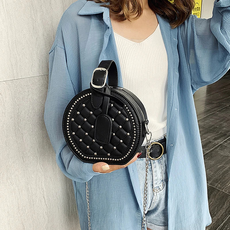 Round Handbag Rivet Messenger Crossbody Bag Female Shoulder Bag PU Leather