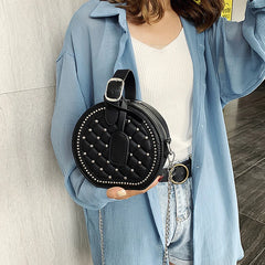 Round Handbag Rivet Messenger Crossbody Bag Female Shoulder Bag PU Leather