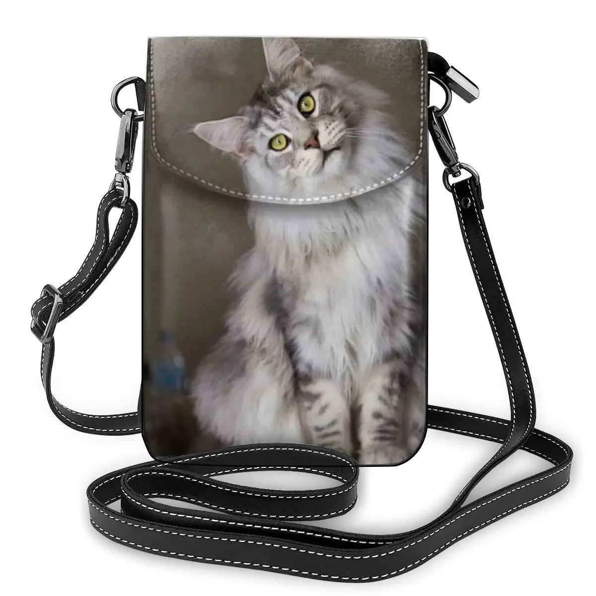Maine Coon Cat Print Shoulder Bag Girl's Leather Crossbody Purse