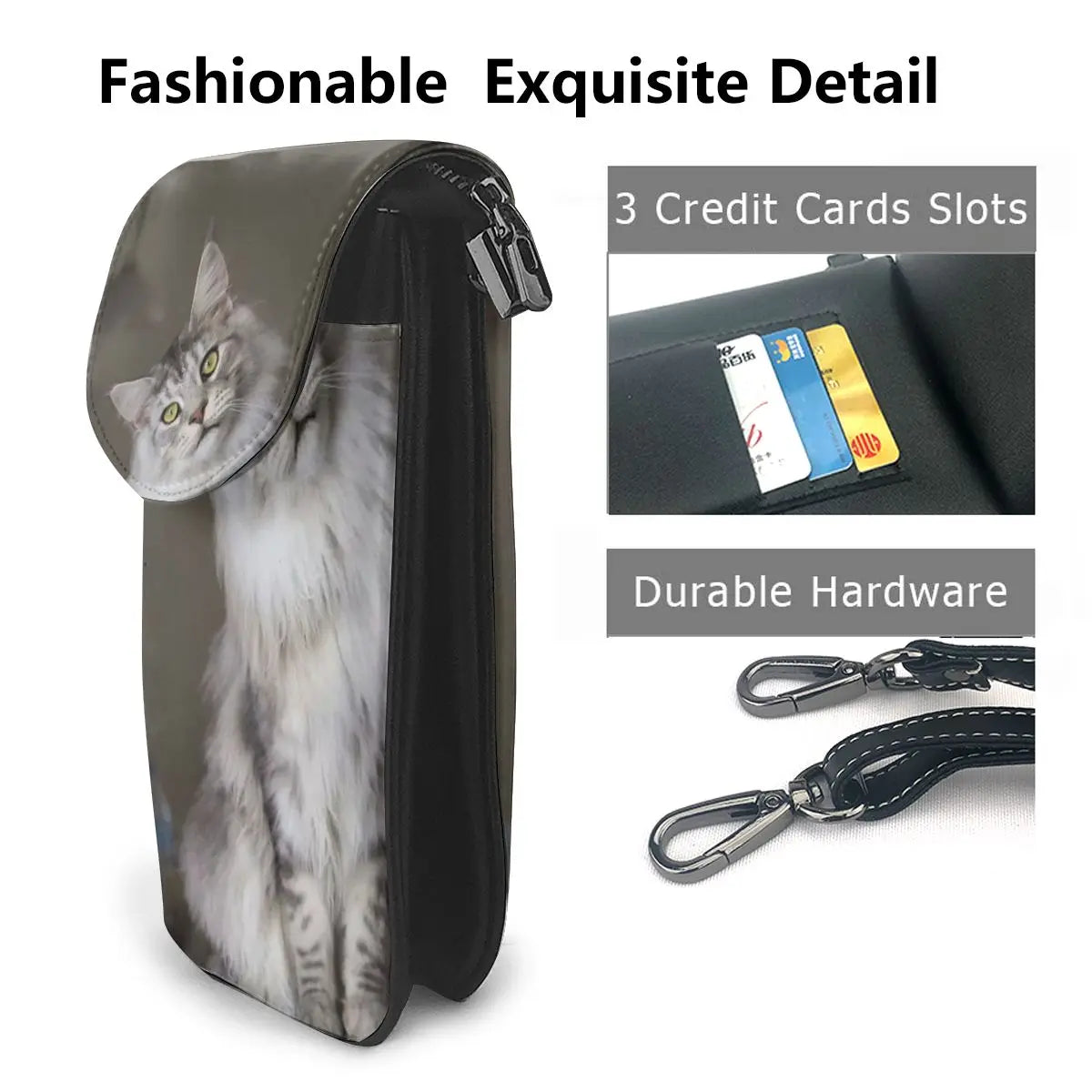 Maine Coon Cat Print Shoulder Bag Girl's Leather Crossbody Purse