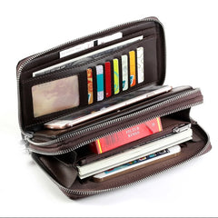 Men Clutch Bag Wallet Leather Double Zipper Business Purse Brown