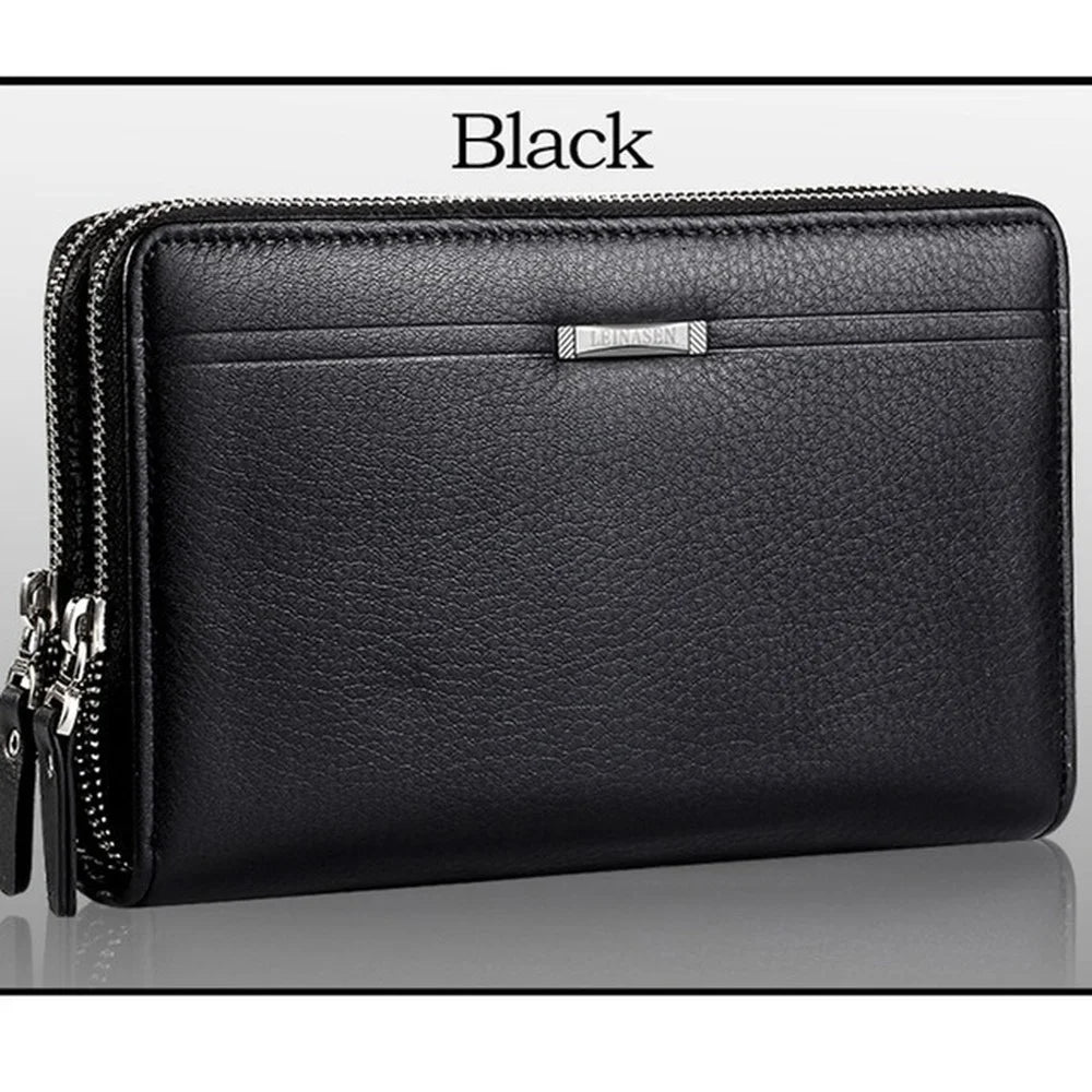 Men Clutch Bag Wallet Leather Double Zipper Business Purse Brown