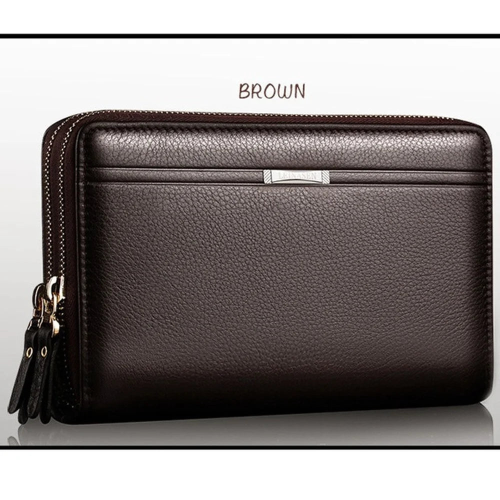 Men Clutch Bag Wallet Leather Double Zipper Business Purse Brown