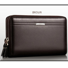 Men Clutch Bag Wallet Leather Double Zipper Business Purse Brown