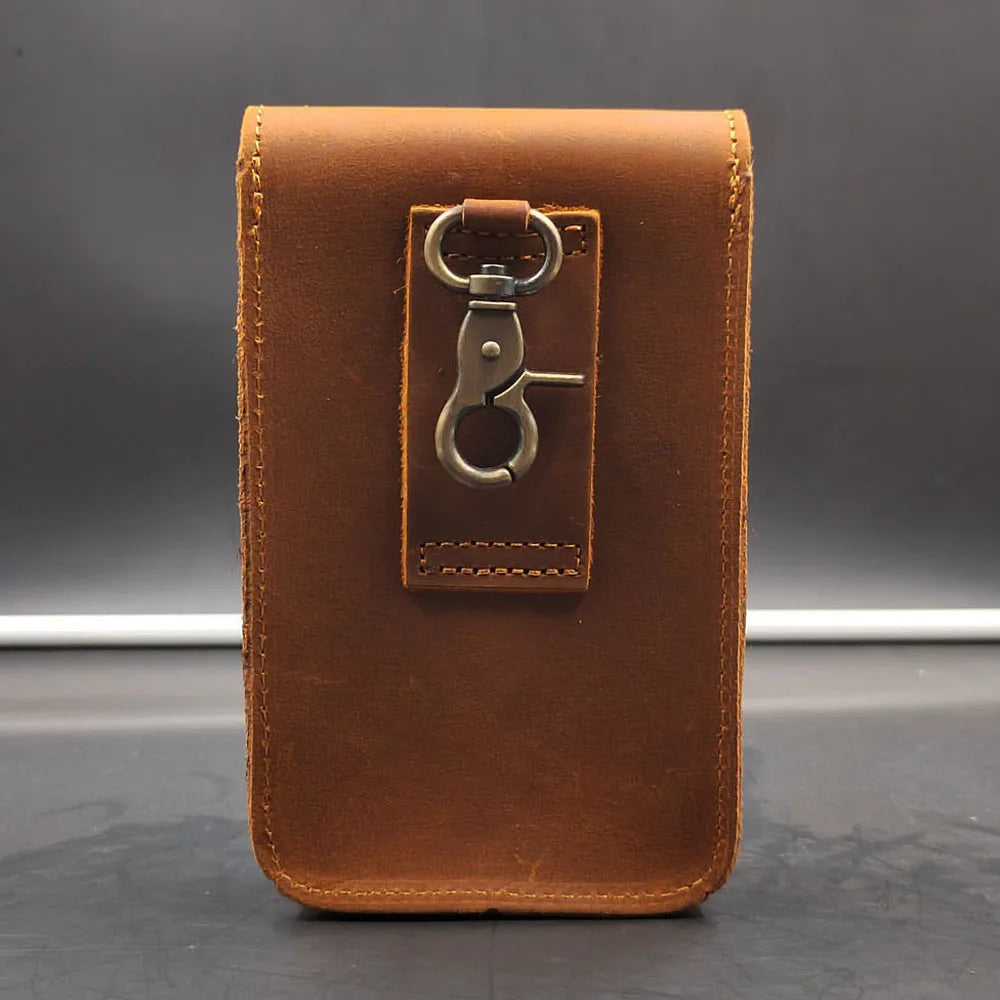 Men Crazy Horse Leather Waist Bag Hook Fanny Pack Vintage Casual Phone Pouch