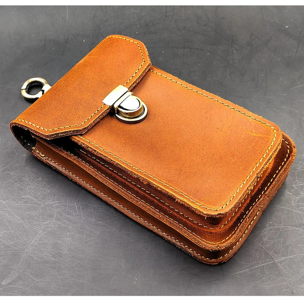 Men Crazy Horse Leather Waist Bag Hook Fanny Pack Vintage Casual Phone Pouch