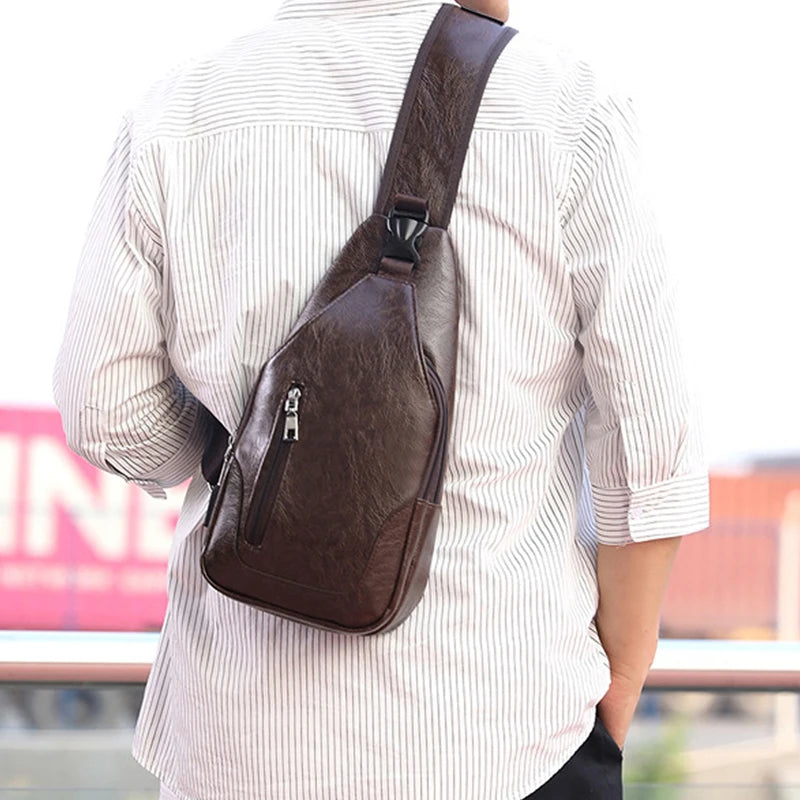 Leather Men Chest Bag Vintage Crossbody Shoulder Bag