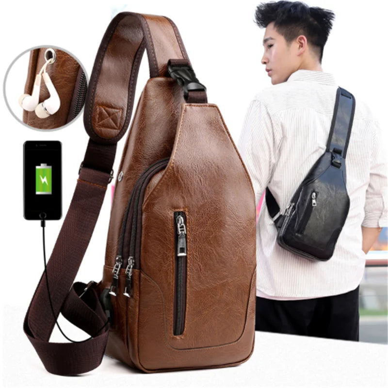 Leather Men Chest Bag Vintage Crossbody Shoulder Bag