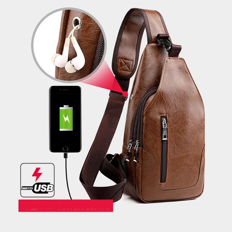 Leather Men Chest Bag Vintage Crossbody Shoulder Bag