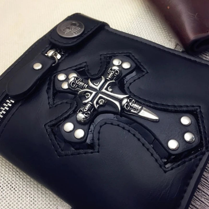 Men Vintage Skull Head Cross Leather Biker Wallet