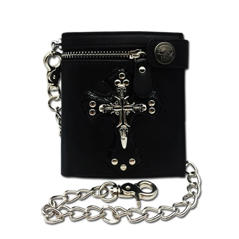Men Vintage Skull Head Cross Leather Biker Wallet