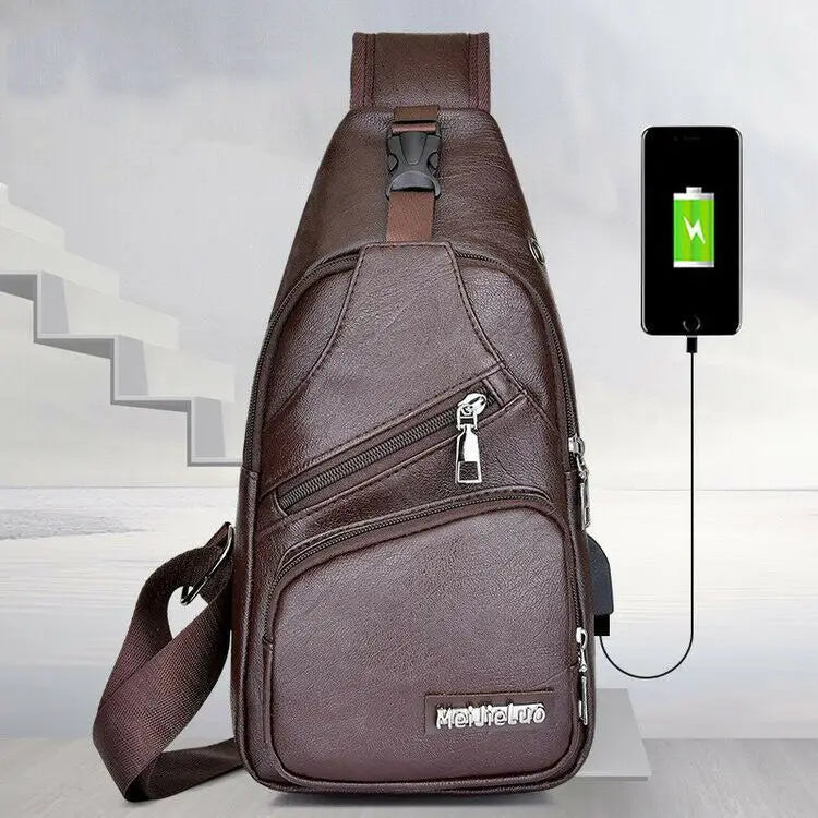 Men's Leather Chest Sling Packs Shoulder Cross Body Bag