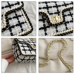 Vintage Wool Tweed Messenger Bag Women Chain Handbag Plaid Sac A Main
