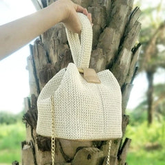 Straw Beach Bag Crossbody Lock Handbag Vintage Shoulder Bag