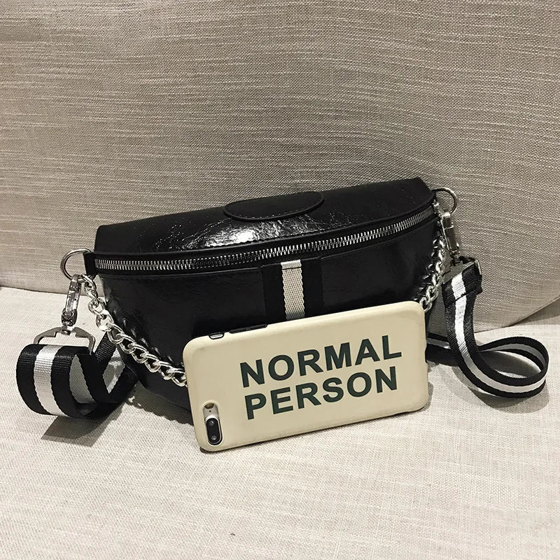 Thick Chain Lady Waist Bag Leather Chest Bags Shoulder Messenger Handbag