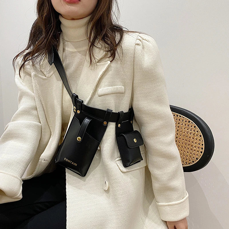 Women Waist Bags Set Pu Leather Solid Chest Bags Fanny Packs