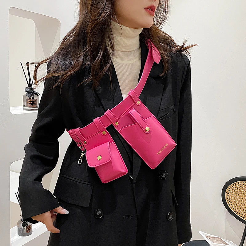 Women Waist Bags Set Pu Leather Solid Chest Bags Fanny Packs