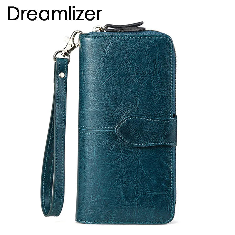 Wax Oil Real Leather Women Wallet Long Clutch Purse Cellphone Bag Coin Wallet