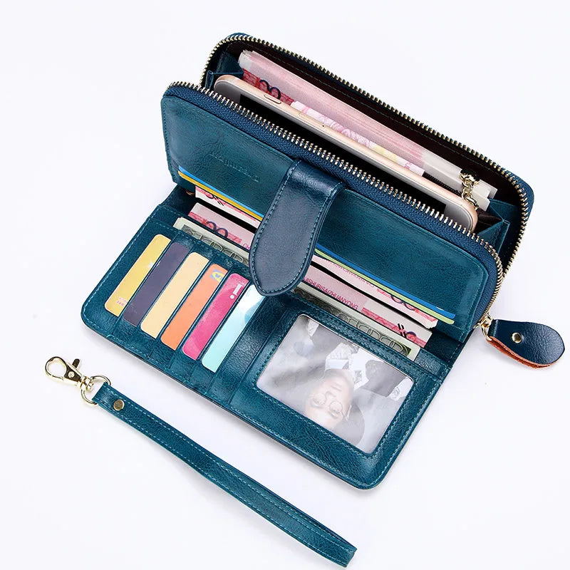 Wax Oil Real Leather Women Wallet Long Clutch Purse Cellphone Bag Coin Wallet