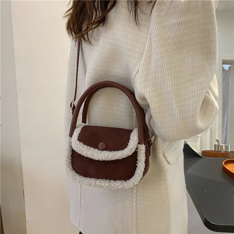 Faux Fur Patchwork Leather Handbag Tote Shoulder Bag Brown
