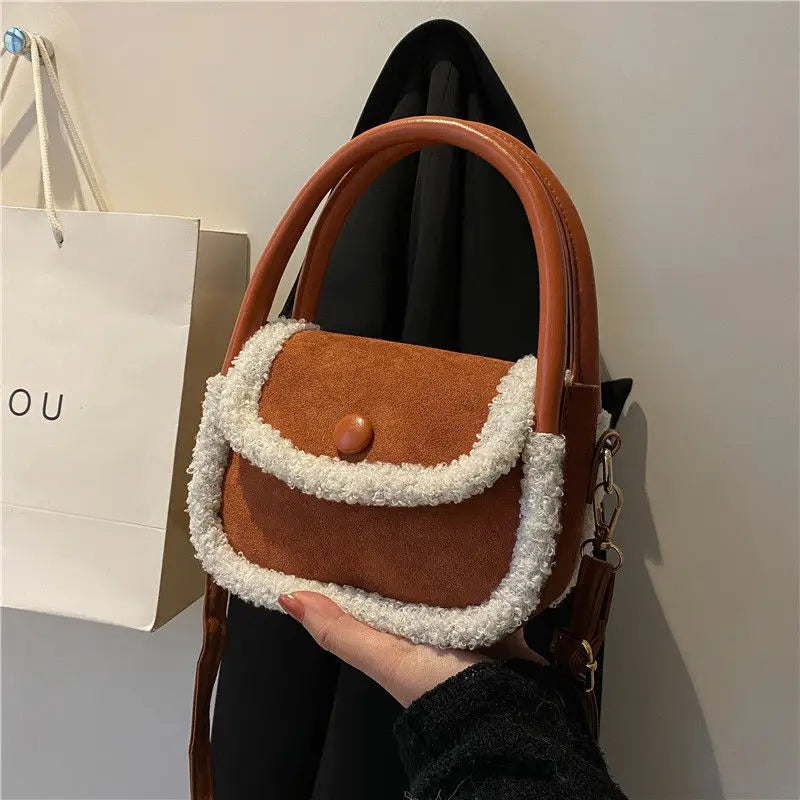 Faux Fur Patchwork Leather Handbag Tote Shoulder Bag Brown