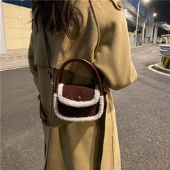 Faux Fur Patchwork Leather Handbag Tote Shoulder Bag Brown