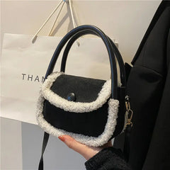 Faux Fur Patchwork Leather Handbag Tote Shoulder Bag Brown