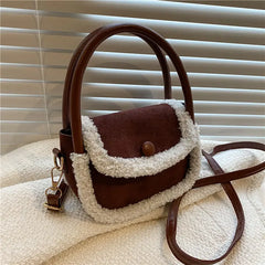 Faux Fur Patchwork Leather Handbag Tote Shoulder Bag Brown