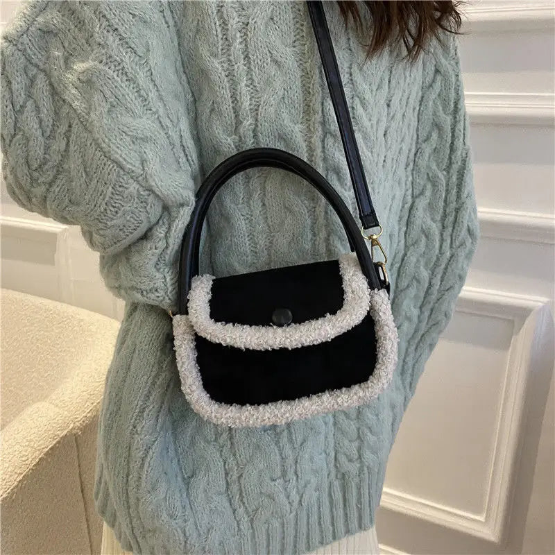 Faux Fur Patchwork Leather Handbag Tote Shoulder Bag Brown