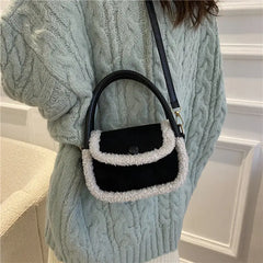 Faux Fur Patchwork Leather Handbag Tote Shoulder Bag Brown