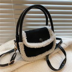 Faux Fur Patchwork Leather Handbag Tote Shoulder Bag Brown