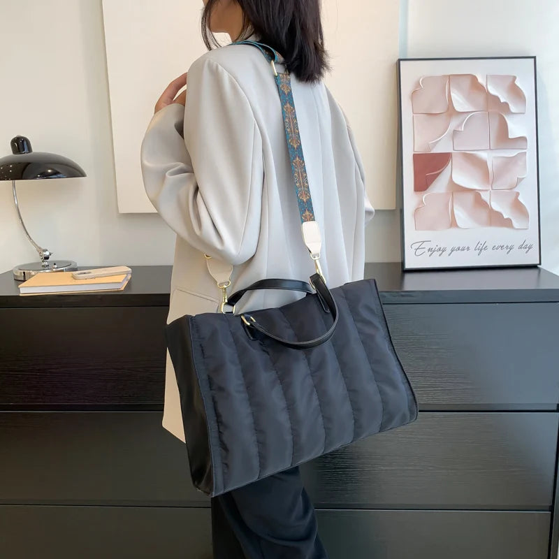 Women Green Big Totes Padded Large Capacit Handbags Classic Nylon Down Cotton