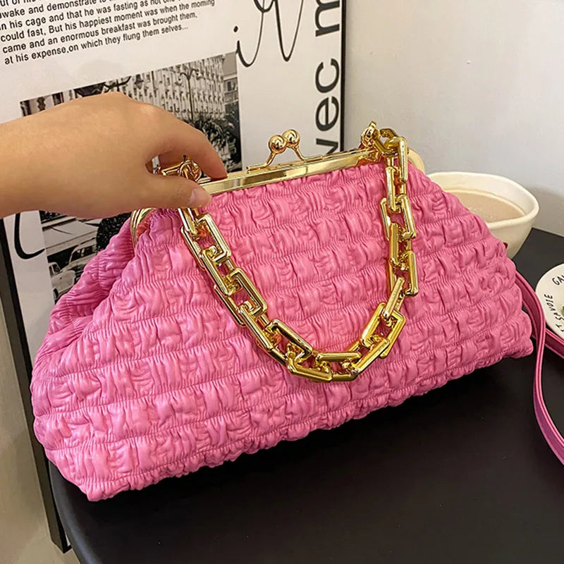 Women Heavy Chain Crossbody Bag PU Leather Fold Clip Cloud Bags