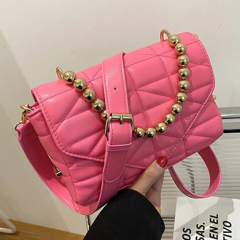 Women High Pu Leather Flap Bags Chain Messenger Bag Pink Green Handbag