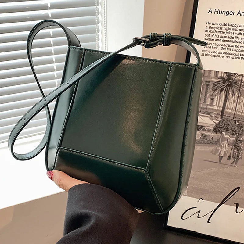 Women Pu Leather Bucket Bags Red Handbags Casual Big Tote Green