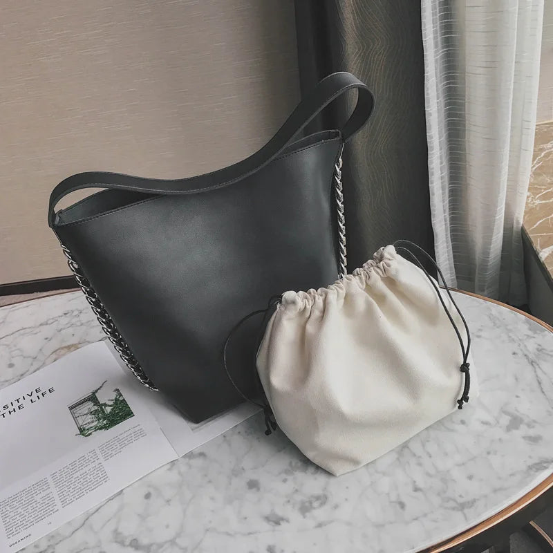 Women Shoulder Bag Chain Bucket Handbags PU Leather Totes Shopping Bag