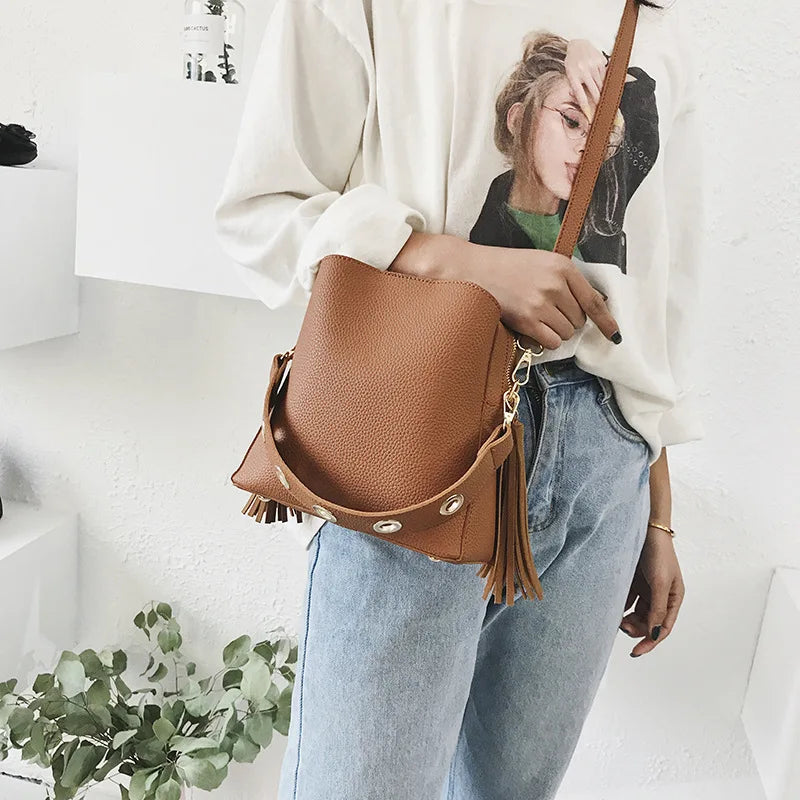 Frosted Leather Bucket Bag Retro Messenger Shoulder Handbag