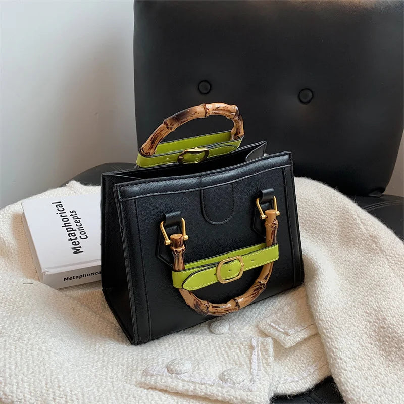 Bamboo Handle Women Handbags Lady Bag Pu Leather Shoulder Crossbody Bag