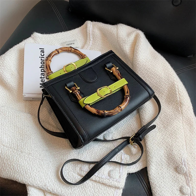 Bamboo Handle Women Handbags Lady Bag Pu Leather Shoulder Crossbody Bag