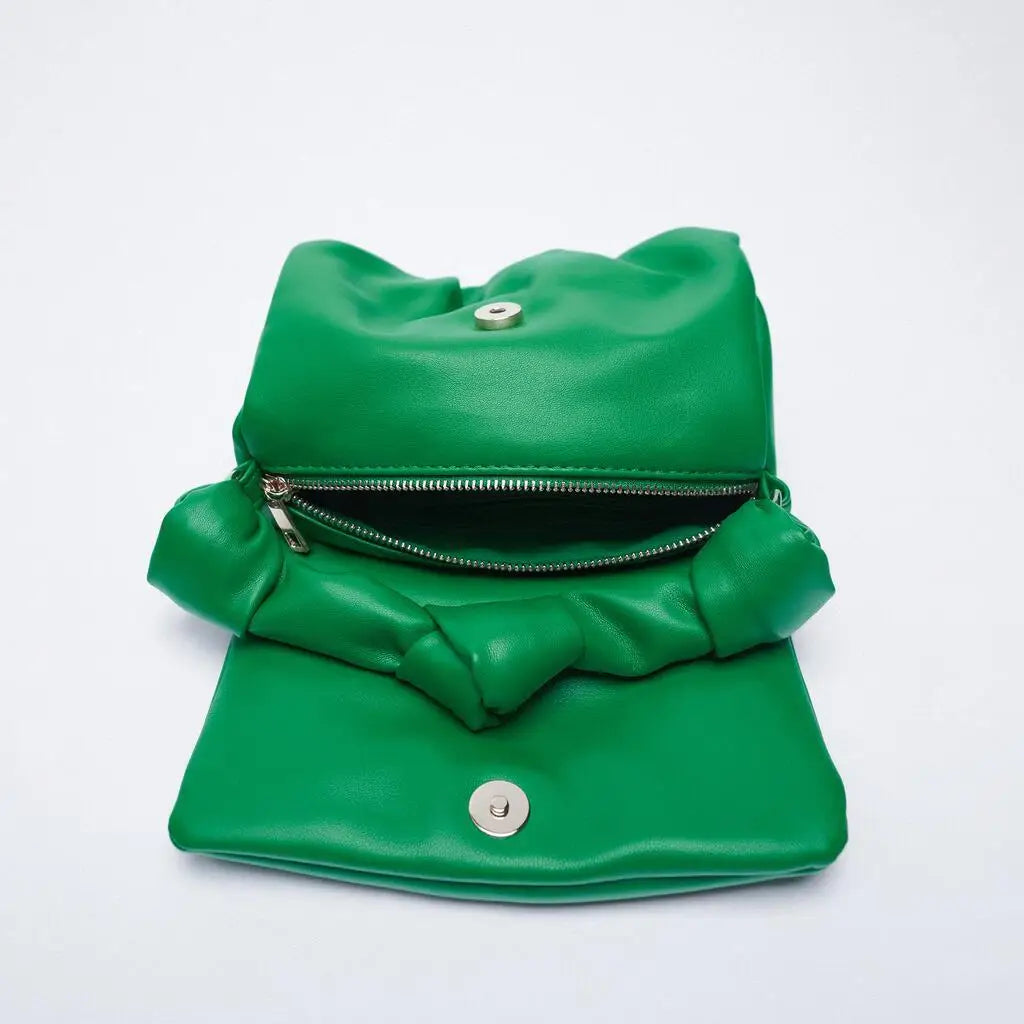 Ruched Women Handbags Shoulder Bags Soft Pu Leather Crossbody Bag - Green