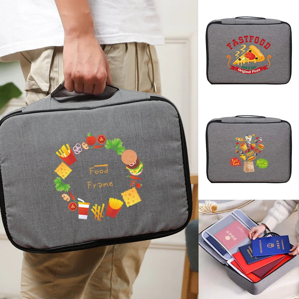 Waterproof Documents Organizer Men Women Travel Bag Food Print Handbag