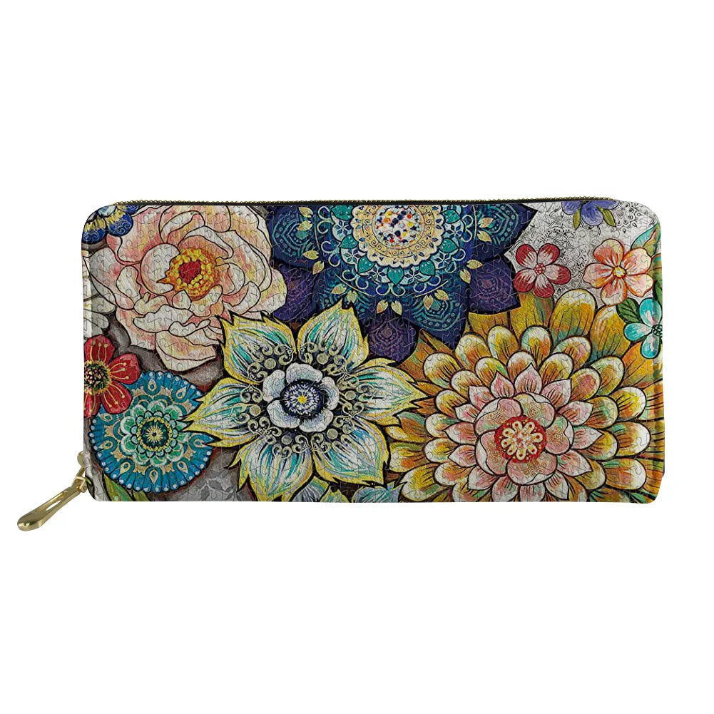 Colorful Boho Floral Print Long Wallet Zipper Phone Bag Girls Clutch Purse