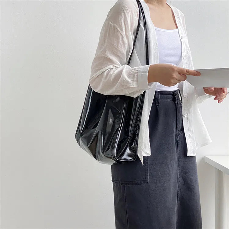 Bright PU Leather Women Shoulder Bag Large Capacity Female Tote Handbag