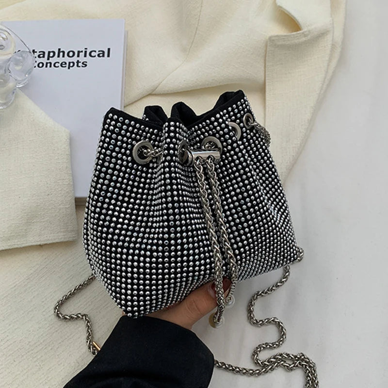 Rhinestone Shoulder Bag Drawstring Bucket Handbag