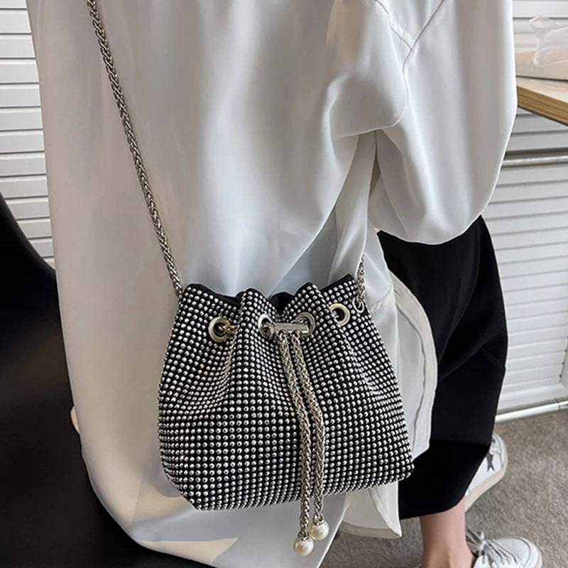 Rhinestone Shoulder Bag Drawstring Bucket Handbag