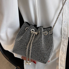 Rhinestone Shoulder Bag Drawstring Bucket Handbag