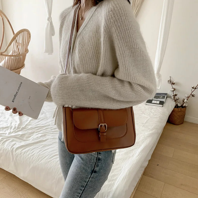 Brown Leather Crossbody Messenger Bag for Women Medium Size Retro Handbag