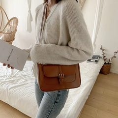 Brown Leather Crossbody Messenger Bag for Women Medium Size Retro Handbag
